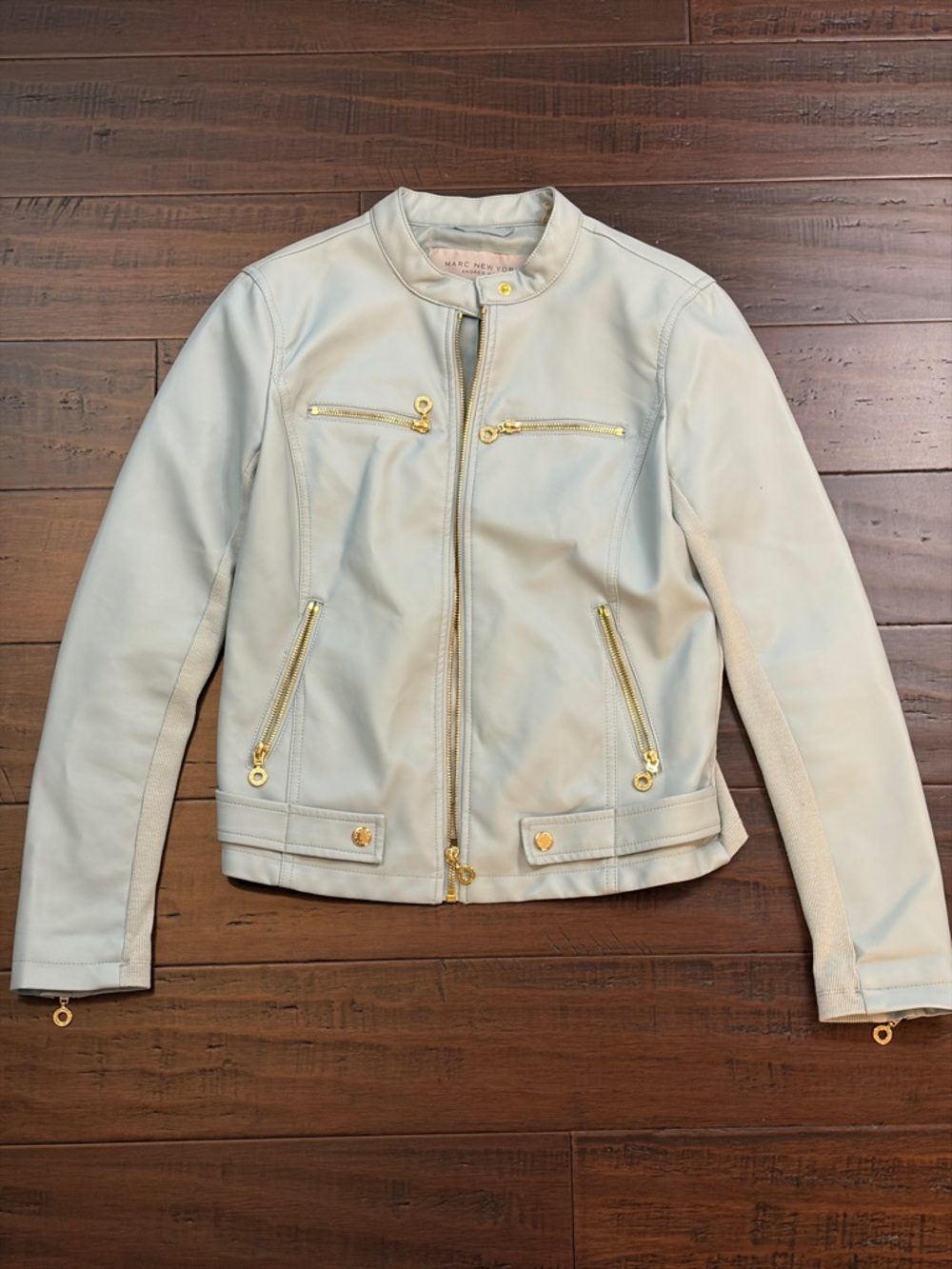Marc New York Light Baby Blue Faux‎ Leather Zip-Front Jacket with Gold Hardware